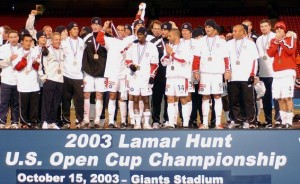 The Chicago FIre celebrate the 2003 US Open Cup championship. Photo: Ted Pacyga/Chicago Fire