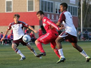 Michael Videira of the Chicago Fire battles for the ball against the Colorado Rapids in Wednesday's US Open Cup qualifying match. Photo: Bob Hunt
