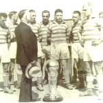 The Fall River Marksmen are presented with the Dewar Trophy after winning the 1931 National Challenge Cup. Photo: National Soccer Hall of Fame