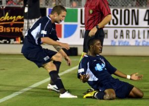 Ty Shipalane of the Carolina RailHawks celebrates his equalizer against the Los Angeles Galaxy in the Third Round of the 2012 US Open Cup  | Photo: Carolina RailHawks
