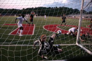 Michigan Bucks GK Adam Grinwis makes a dramatic save in the 86th minute off a Pittsburgh Riverhounds corner kick. The Bucks would later score a 90th minute penalty kick to upset the Riverhounds 1-0. Photo: Michigan Bucks