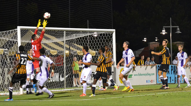 Orlando City U23s goalkeeper Tomas Gomez repeatedly held the Battery at bay, snuffing out chances in his box and recording fives saves en route to the shootout. Not only did Gomez convert his own shot from the mark, he also saved Charleston's one chance at sudden-death victory. Photo: Janet Edens Conover | CHSsoccer.net 