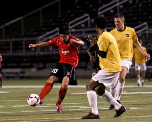 Sean Dong scores the third and final goal for the Des Moines Menace in their 3-0 home win over the Real Colorado Foxes. Photo credit: Joe Nalefski | Des Moines Menace.