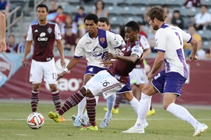 Deshorn Brown not only scored the first hat trick in Rapids Open Cup history, he also became the first Jamaican to score three goals since 1995. Photo: Garrett W. Ellwood, Colorado Rapids
