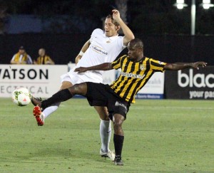 St. Petersburg, United States. 12th Aug, 2022. St. Petersburg, FL: Tampa  Bay Rowdies defender J.J. Williams (9) shoots the ball on goal during a USL  soccer game against Monterey Bay FC, Saturday