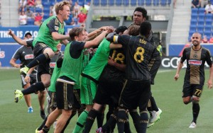 The Philadelphia Union celebrate their penalty kick shootout win over the New York Red Bulls in the 2015 Quarterfinals. Photo: Bob Larson