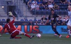 Walter Restrepo of the Philadelphia Union scores a goal against the Harrisburg City Islanders in the 2016 US Open Cup. Photo: Charlie Flowe