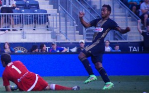 Roland Alberg of the Philadelphia Union scores the first of his two goals against the Harrisburg City Islanders. Photo: Charlie Flowe | OceanCityFC.com