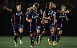 The New England Revolution celebrate after a goal against the Philadelphia Union. Photo: David Silverman | New England Revolution