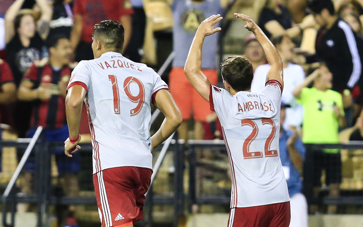 Brandon Vasquez and Mikey Ambrose of Atlanta United celebrate the team's go-ahead goal in the 72nd minute against the Charleston Battery in the US Open Cup Fourth Round. Photo: Atlanta United