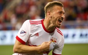 Daniel Royer of the New York Red Bulls celebrates his goal against NYCFC in the Fourth Round of the 2017 US Open Cup. Photo:  Jonathan Loarca