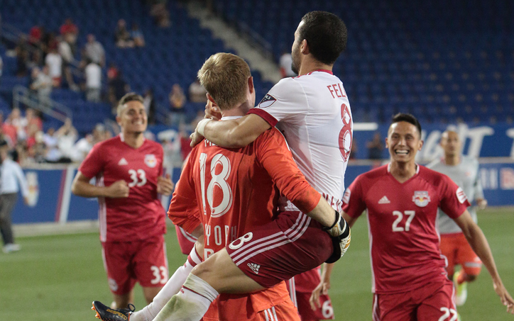 The New York Red Bulls celebrate the club's 5-3 PK win over the Philadelphia Union (after a 1-1 draw) in the Round of 16 in the 2017 US Open Cup. Photo: Bob Larson