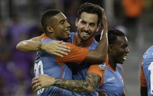Stefano Pinho of Miami FC celebrates one of his three goals against Orlando City in the Fourth Round of the 2017 US Open Cup. Photo: Miami FC