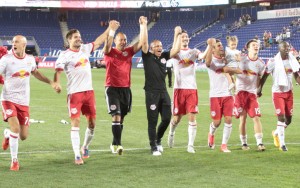 Chris Armas, who filled in for the suspended head coach Jesse Marsch, celebrates the New York Red Bulls' 1-0 win over NYCFC in the Fourth Round of the 2017 US Open Cup. Photo: Bob Larson