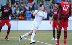 Aaron Kovar of the Seattle Sounders celebrates his 3rd minute goal in the club's Fourth Round match against the Portland Timbers in the 2017 US Open Cup. Photo: Seattle Sounders