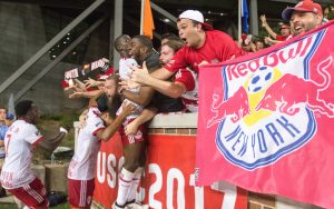 The New York Red Bulls celebrate the game-winning goal against FC Cincinnati in the 101st minute in the 2017 US Open Cup Semifinals. Photo: Ryan Meyer | New York Red Bulls