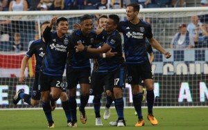 Danny Hoesen and his San Jose Earthquakes teammates celebrate his goal against Sporting KC in the 2017 US Open Cup Semifinals. Photo: Sporting KC