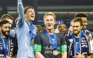 Tim Melia celebrates the 2017 US Open Cup championship with his Sporting Kansas City teammates. Photo: Bob Larson