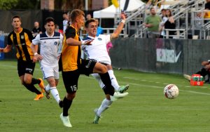 Players from the Charleston Battery and the Elm City Express battle for the ball in a Third Round match in the 2018 US Open Cup. Photo: Ross Almers Photography