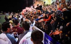 Detroit City FC fans celebrate a PK shootout win over the Michigan Bucks in the 2018 US Open Cup. Photo: Jon DeBoer | DCFC