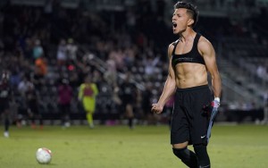 San Antonio's Mikey Lopez reacts after kicking the match-winning penalty kick as San Antonio FC defeated Colorado Springs Switchbacks FC. Photo: Darren Abate | USL