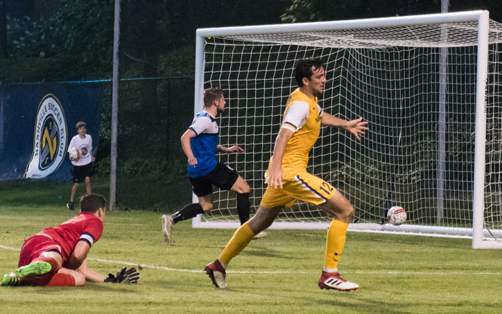 Tucker Hume of Nashville SC scores one of his two goals against Inter Nashville FC in the Second Round of the 2018 US Open Cup. Photo: Nashville SC