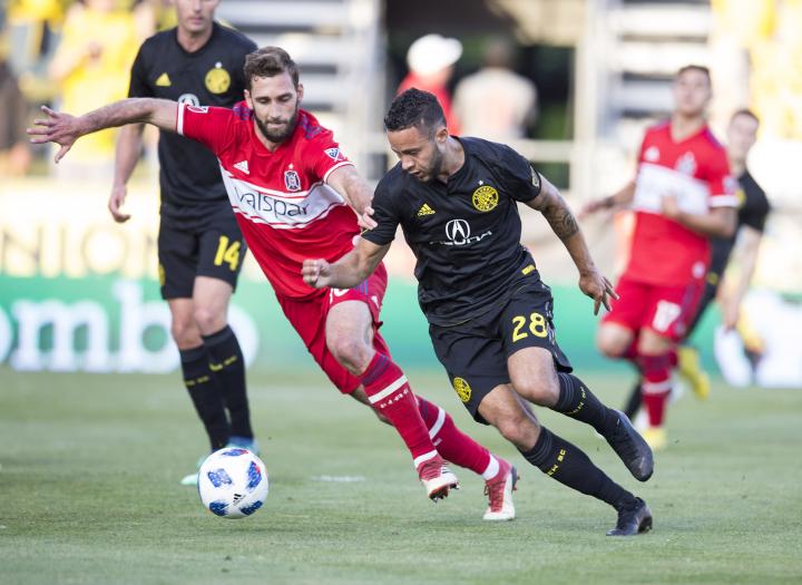 Chicago Fire and Columbus Crew players battle for the ball in their Fourth Round match in the 2018 US Open Cup. Photo: Columbus Crew SC.