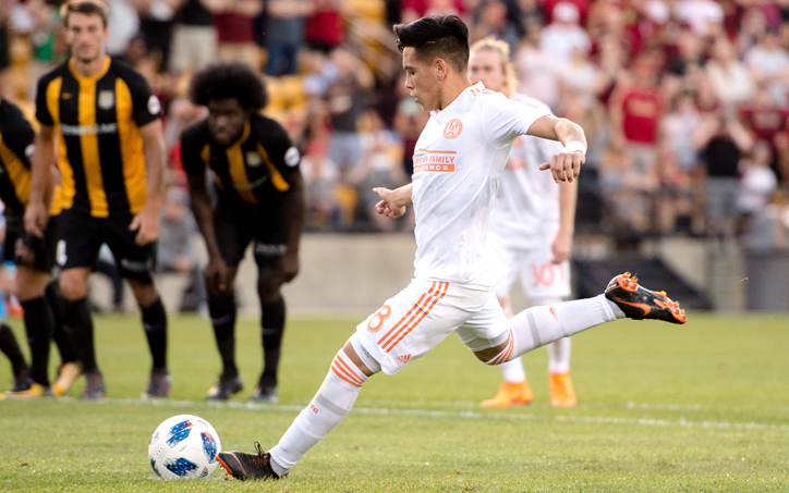 Ezequiel Barco of Atlanta United converts a penalty kick against the Charleston Battery in the Fourth Round of the 2018 US Open Cup. Photo: Atlanta United