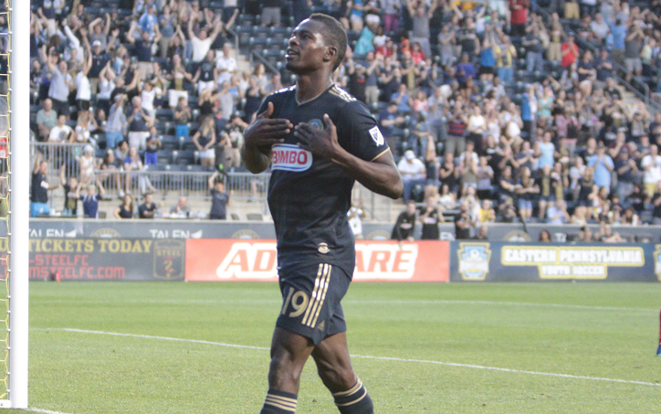 Cory Burke of the Philadelphia Union celebrates his goal against the New York Red Bulls in the Fifth Round of the 2018 US Open Cup. Photo: Bob Larson | TheCup.us
