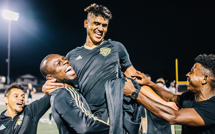 Allisson Faramilio celebrates with his FC Golden State Force teammates after upsetting the Las Vegas Lights in the 2018 US Open Cup. Photo: Michael Carranza - gossamr.com
