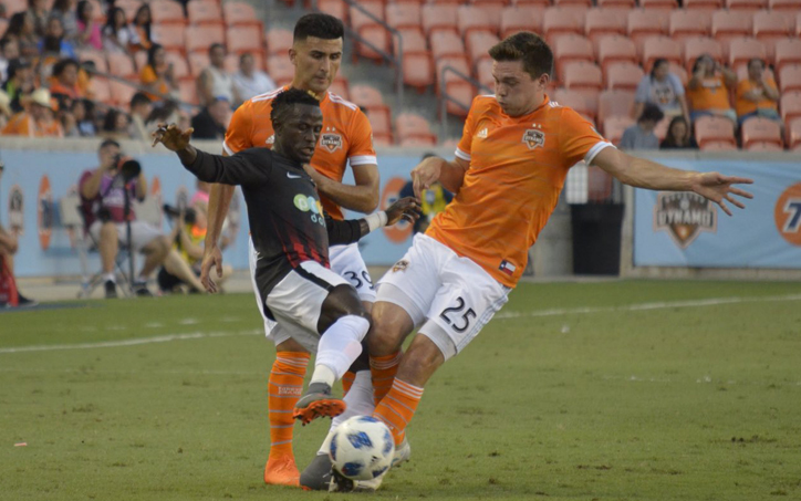 Players from the Houston Dynamo (orange) and NTX Rayados battle for the ball in their Fourth Round match in the 2018 US Open Cup. Photo: Jose Castellanos | Prost Amerika