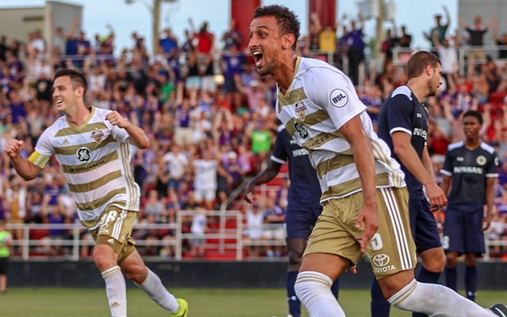Oscar Craig of Louisville City celebrates his goal against Nashville SC in the Fifth Round of the 2018 US Open Cup. Photo: EM Dash Photography