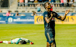 Cory Burke of the Philadelphia Union celebrates one of his two goals in a 3-0 home win over the Chicago Fire in the 2018 US Open Cup Semifinals. Photo: Chris Szagola | Philadelphia Union