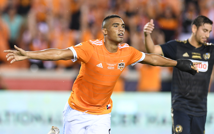 Mauro Manotas of the Housotn Dynamo celebrates one of his two goals against the Philadelphia Union in the 2018 US Open Cup Final. Photo: Houston Dynamo