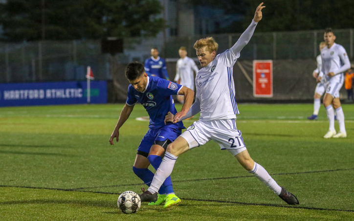 Players from Hartford Athletic and New York Cosmos B battle for the ball in the Second Round of the 2019 US Open Cup. Photo: Hartford Athletic