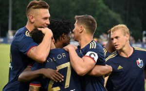 Players from North Carolina FC celebrate the team's only goal against Florida Soccer Soldiers in the Third Round of the 2019 US Open Cup. Photo: Credit - Rob Kinnan