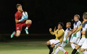 OKC Energy goalkeeper Bryan Byars comes off his line to make a play on the ball against the NTX Rayados in the Second Round of the 2019 US Open Cup. Photo: Lori Scholl