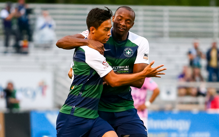 Paris Gee (No. 5) of Saint Louis FC celebrates his goal against Forward Madison in the Third Round of the 2019 US Open Cup. Photo: Saint Louis FC