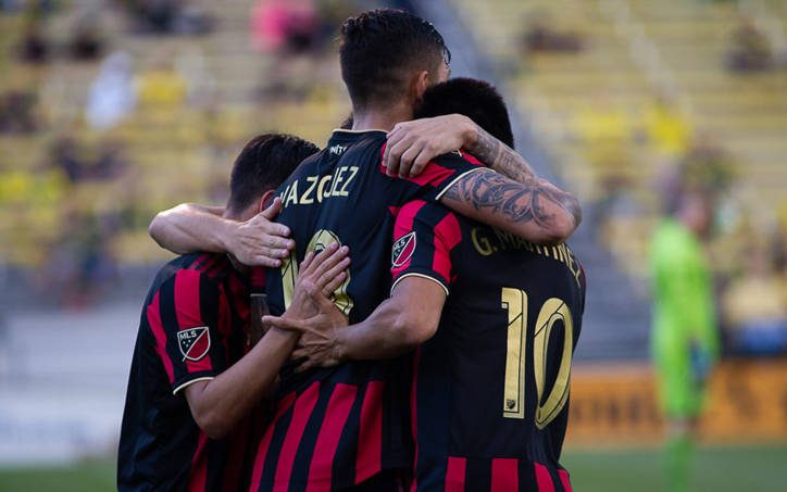 Brandon Vazquez of Atlanta United celebrates one of his goals with his teammates in his club's Round of 16 match against the Columbus Crew in the 2019 US Open Cup. Photo: Ralph Schudel | @schudel_ralph on Twitter and Instagram