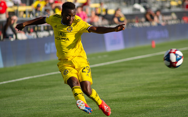 David Accam of the Columbus Crew scored the lone goal in a 1-0 Fourth Round win over the Pittsburgh Riverhounds in the 2019 US Open Cup. Photo: Ralph Schudel | Twitter, IG: @schudel_ralph