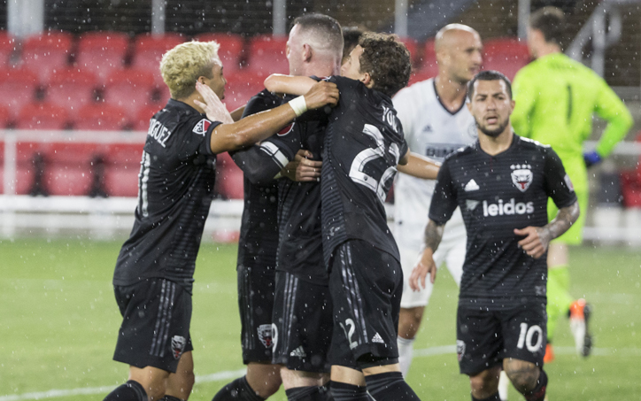 D.C. United players surround Wayne Rooney after he scored the go-ahead goal in the 120th minute of the team's Fourth Round match with the Philadelphia Unionin the 2019 US OpenCup. Photo: D.C. United, Tony Quinn