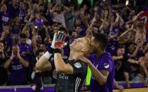 Adam Grinwis of Orlando City SC celebrates in front of the club's fans after a 5-4 PK win over NYCFC in the 2019 US Open Cup Quarterfinals. Photo: Orlando City SC