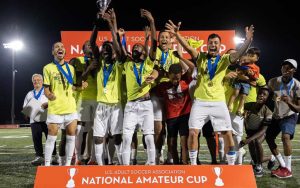 Newtown Pride FC celebrate after winning the 2019 USASA Amateur Cup championship in River Grove, IL. Photo: Newtown Pride FC