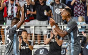 Mason Toye (right) of Minnesota United celebrates his goal with teammate Darwin Quintero in the club's 2019 US Open Cup Semifinal match against the Portland Timbers. Photo: Minnesota United FC