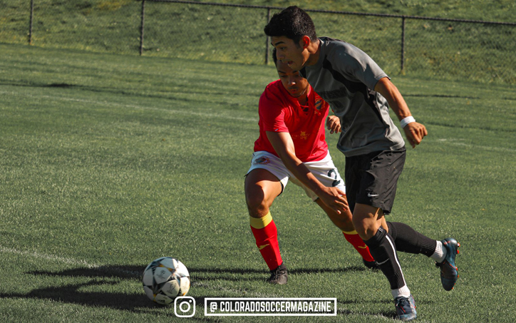 Players from Azteca FC and Athletic Club of Sloan's Lake (red) battle for the ball in their 2020 US Open Cup qualifying match. Photo: Colorado Soccer Magazine 