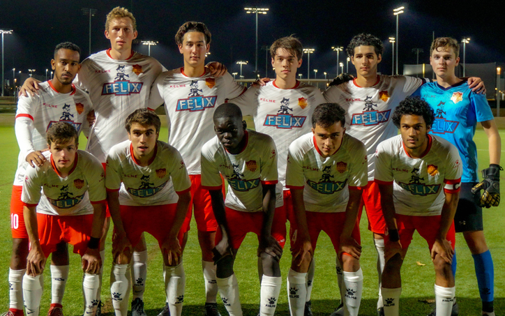 The SC Trojans FC, the club soccer team at USC, poses for a team photo before their 2020 US Open Cup qualifier against the LA Monsters FC. Photo: Maya Cheung | SC Trojans FC