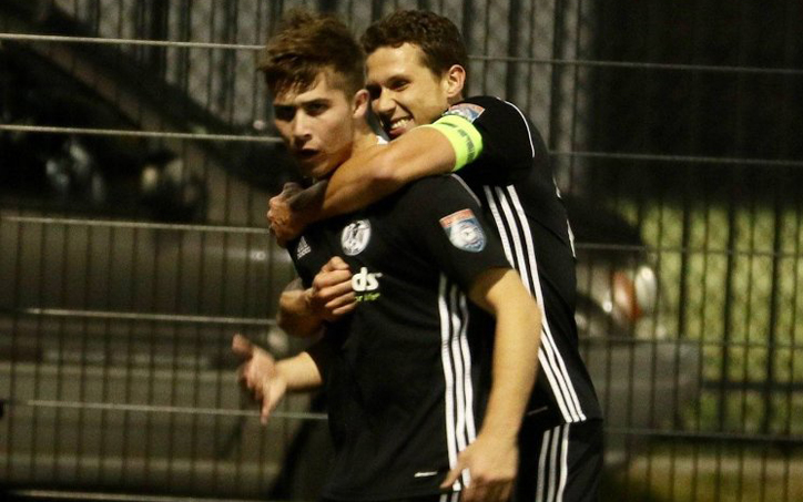 AJ Bishop and Andreas Bartosinski of West Chester United celebrate after scoring a goal against Lansdowne Yonkers FC in the 2020 US Open Cup qualifying tournament. Photo: Matt Ralph - BrotherlyGame.com