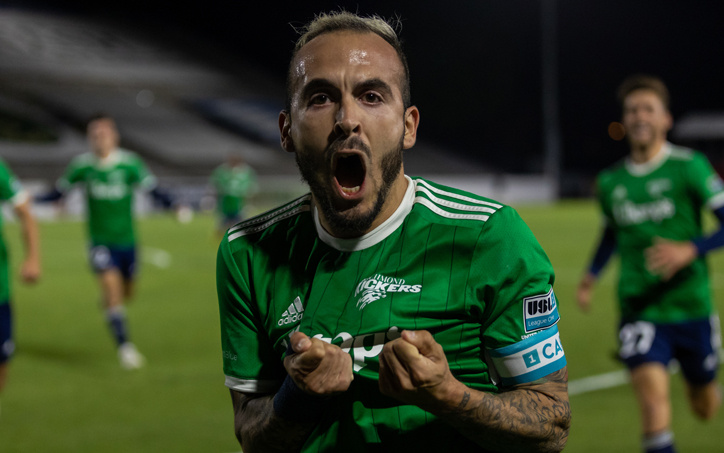  Emiliano Terzaghi of the Richmond Kickers celebrates his 118th minute goal against the North Carolina Fusion U-23s in the Third Round of the 2022 US Open Cup. Photo: Jessica Stone Hendricks Photography