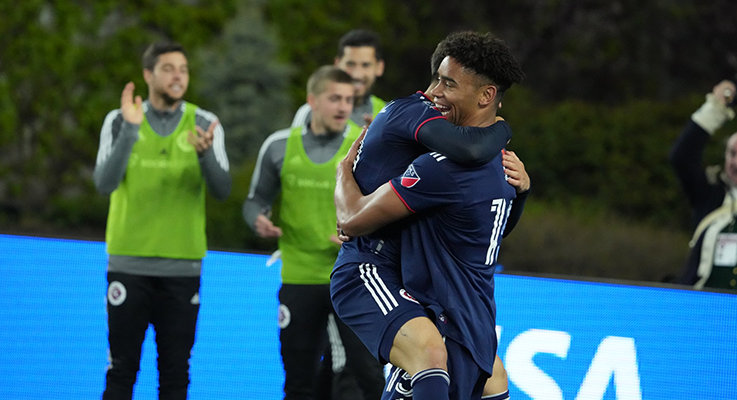 Players from New England Revolution celebrate after scoring a goal against FC Cincinnati in the Fourth Round of the 2022 US Open Cup. Photo: New England Revolution