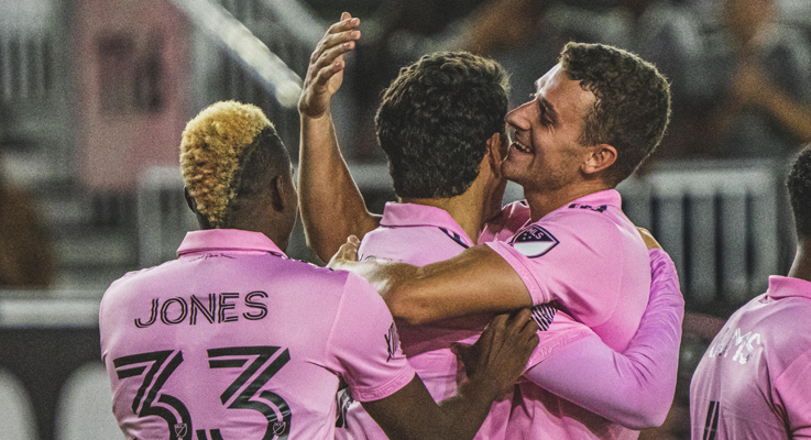 Players from Inter Miami CF celebrate after scoring a goal against South Georgia Tormenta FC in the Fourth Round of the 2022 US Open Cup. Photo: Inter Miami CF